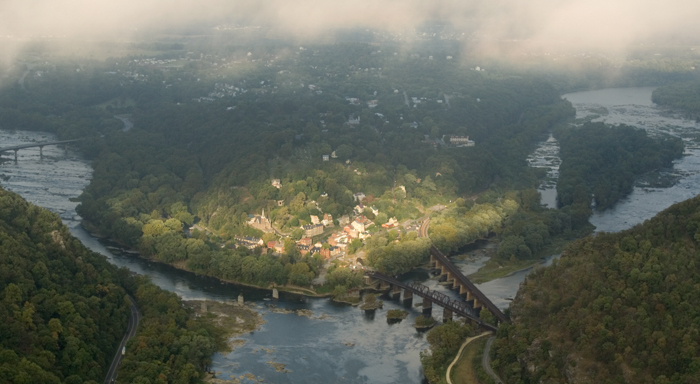 arial view of Harpers Ferry and the Shenandoah River